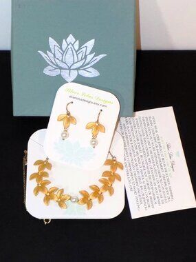 New Silver Lotus Designs Artisan Grecian Leaf Necklace & Earrings Set 14/20 GF